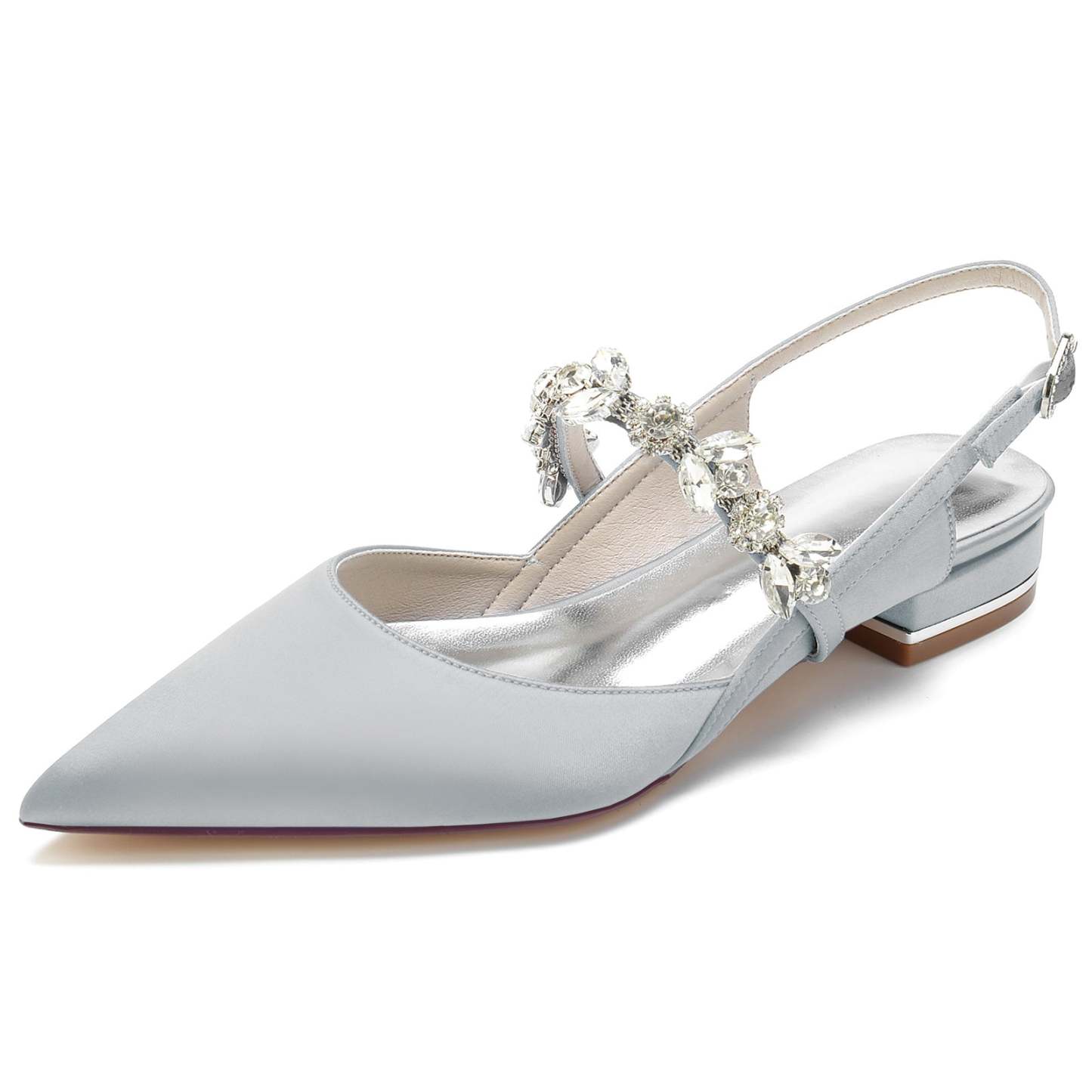 Bridal Shoes for Women with Rhinestone Buckle and Pointed Toe in Silk Satin