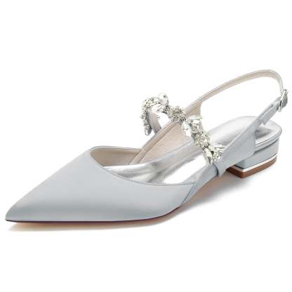 Bridal Shoes for Women with Rhinestone Buckle and Pointed Toe in Silk Satin