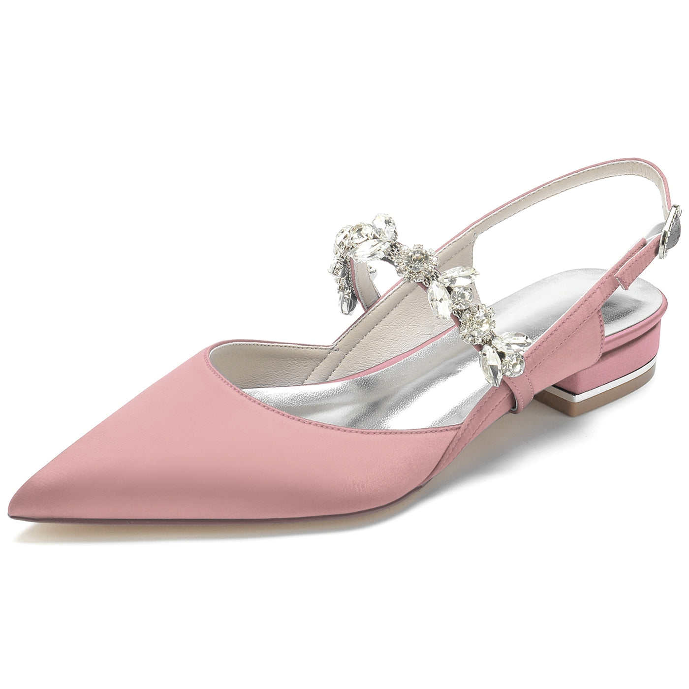 Bridal Shoes for Women with Rhinestone Buckle and Pointed Toe in Silk Satin