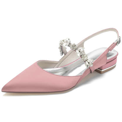 Bridal Shoes for Women with Rhinestone Buckle and Pointed Toe in Silk Satin