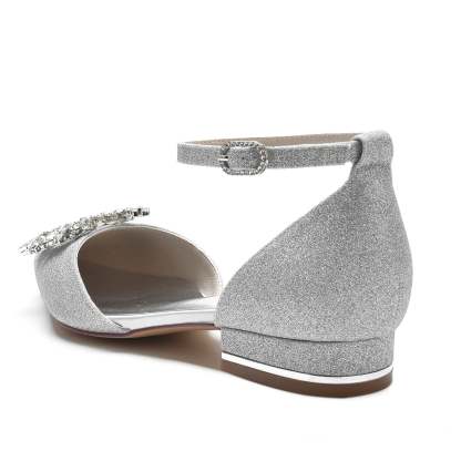 Bridal Shoes for Women with Glitter Square Crystal and Low Pointed Toe Buckle