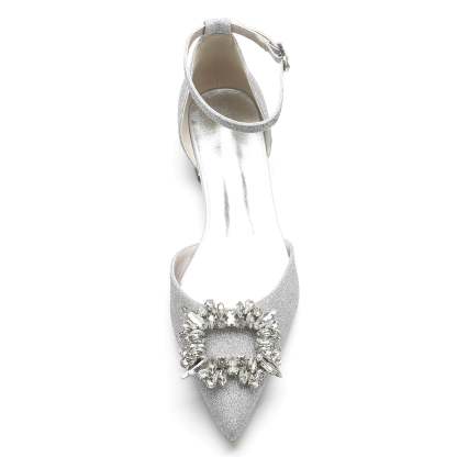Bridal Shoes for Women with Glitter Square Crystal and Low Pointed Toe Buckle