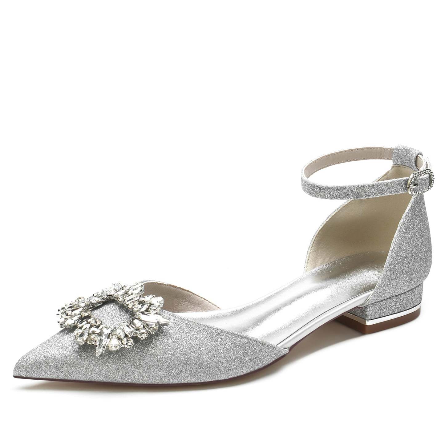 Bridal Shoes for Women with Glitter Square Crystal and Low Pointed Toe Buckle