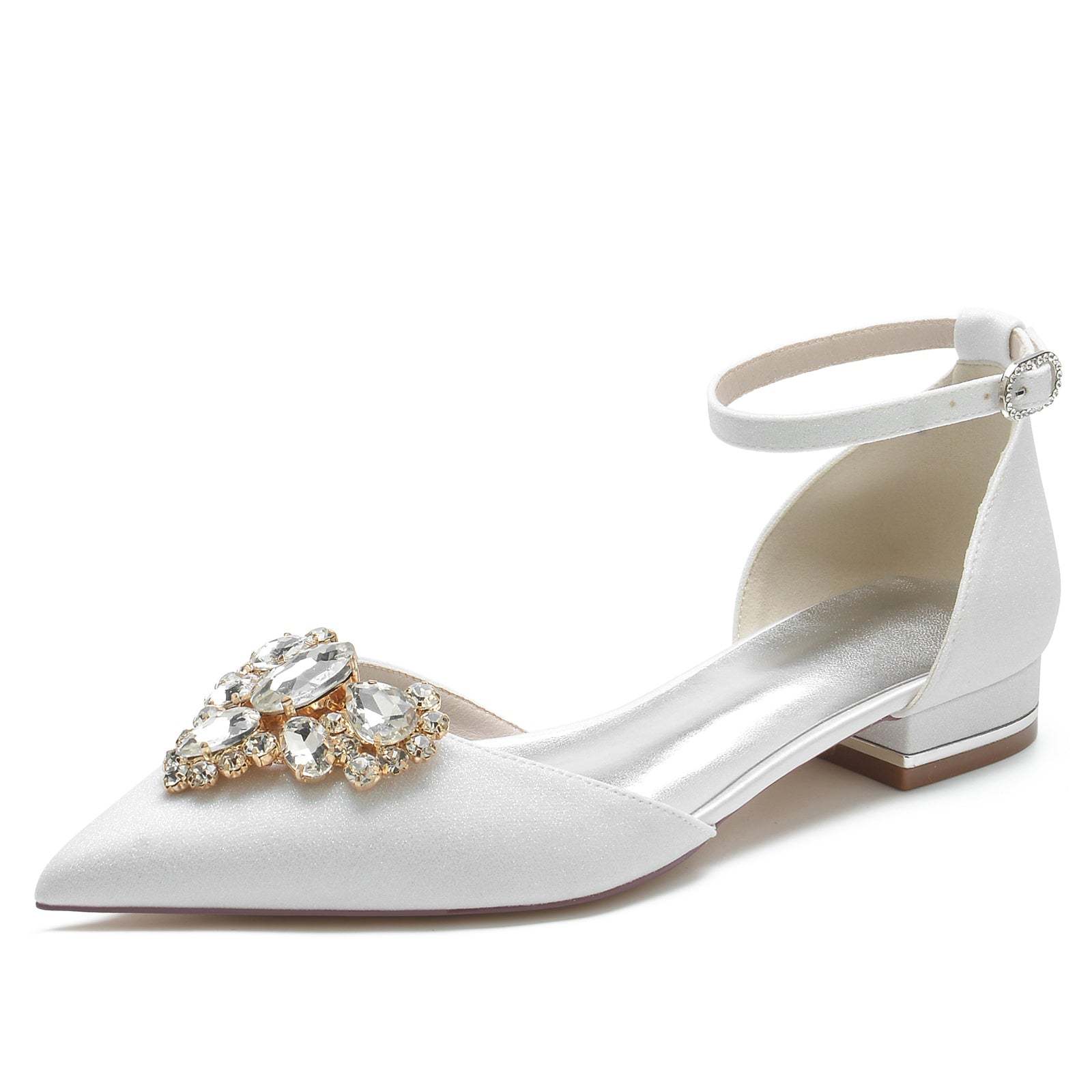 Bridal Shoes for Women with Glitter and Imitation Diamond Buckle Low Closed Toe
