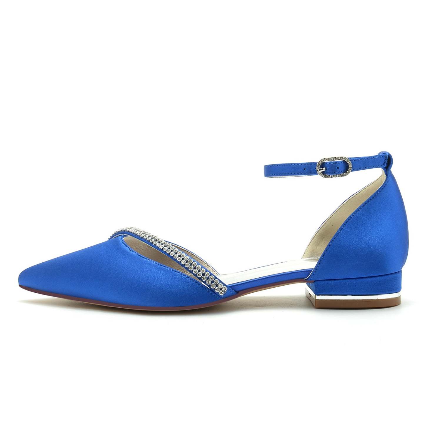Royal Blue Rhinestone Bridal Shoes for Women with Silk Satin Pointed Toe and Low Buckle