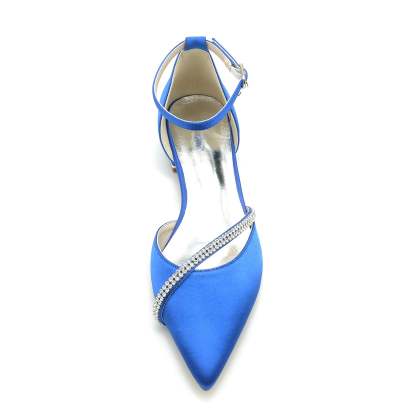 Royal Blue Rhinestone Bridal Shoes for Women with Silk Satin Pointed Toe and Low Buckle
