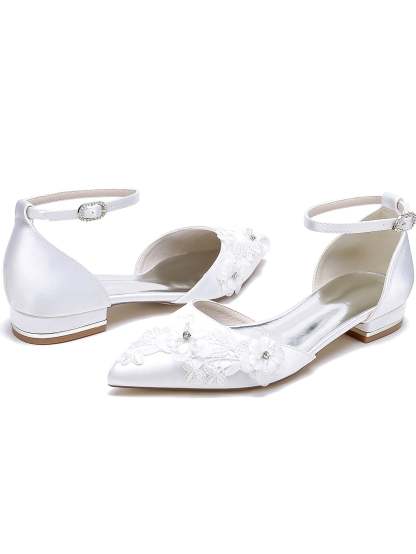 Bridesmaid Lace Flat Heel Wedding Shoes for Women with Pointed Toe