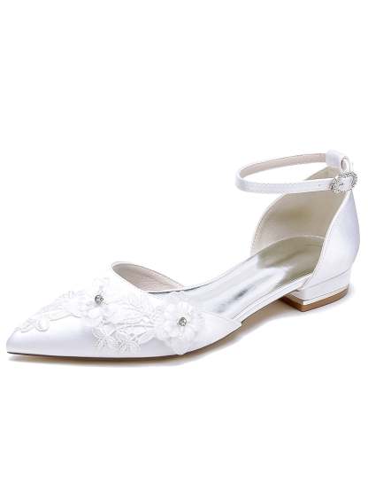 Bridesmaid Lace Flat Heel Wedding Shoes for Women with Pointed Toe