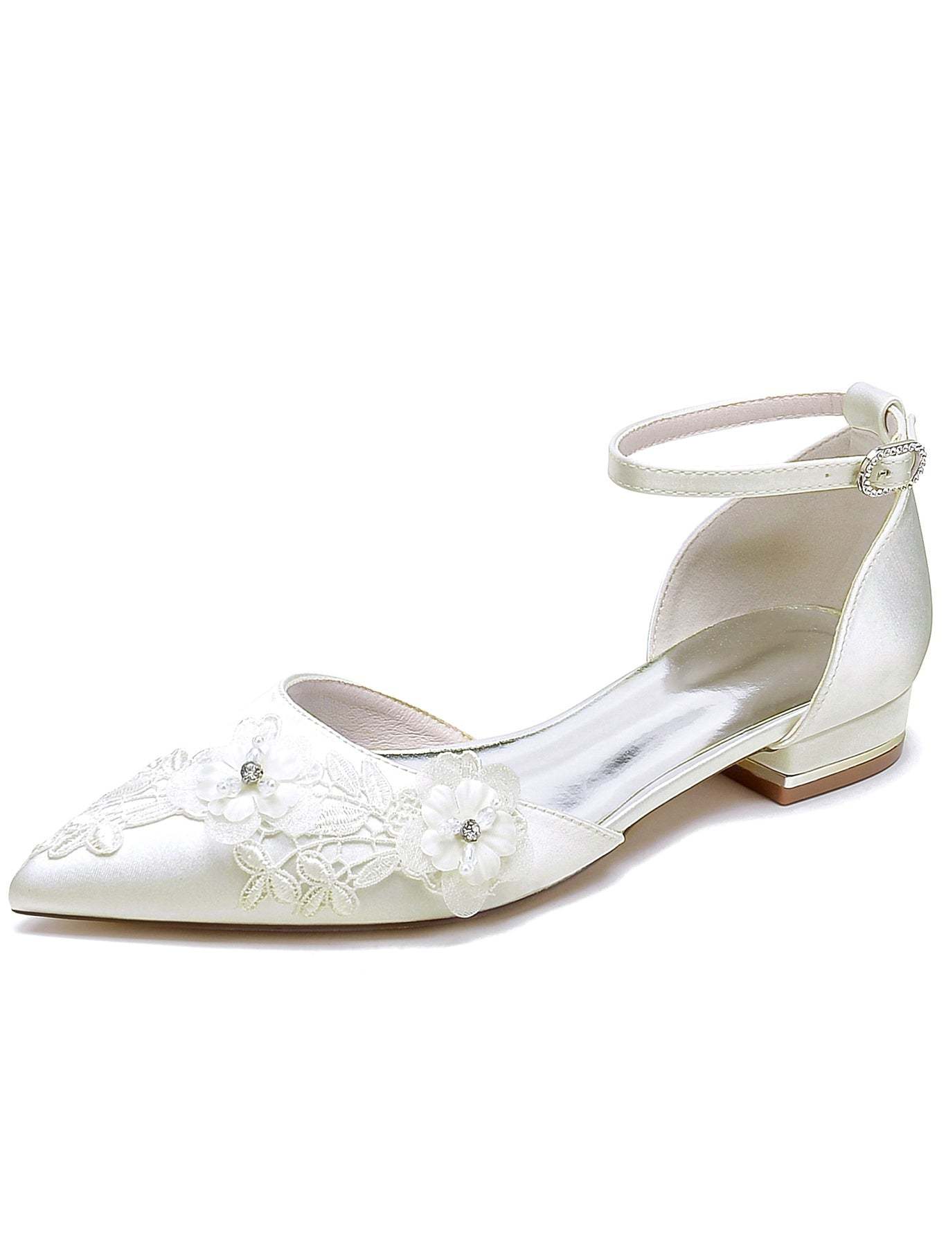 Bridesmaid Lace Flat Heel Wedding Shoes for Women with Pointed Toe