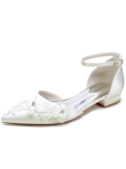 Bridesmaid Lace Flat Heel Wedding Shoes for Women with Pointed Toe