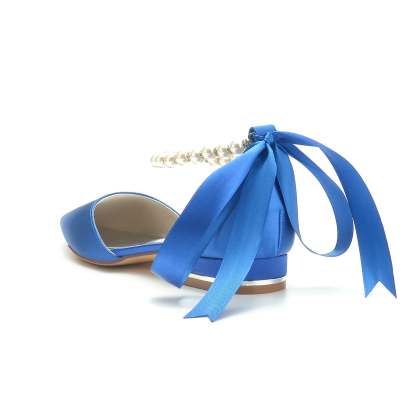 Bridal Shoes for Women with Silk Satin Bow Closed Toe and Low Pearl Heel
