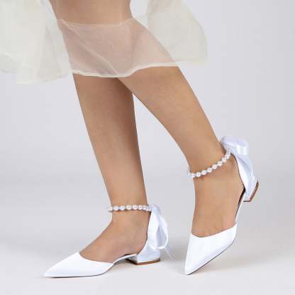 Bridal Shoes for Women with Silk Satin Bow Closed Toe and Low Pearl Heel