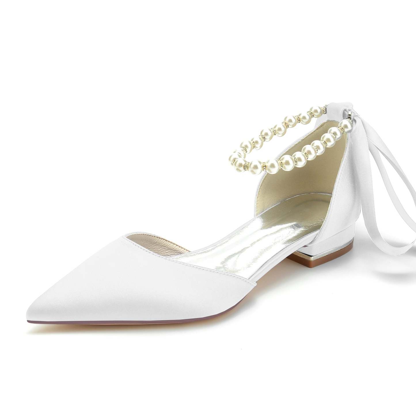 Bridal Shoes for Women with Silk Satin Bow Closed Toe and Low Pearl Heel