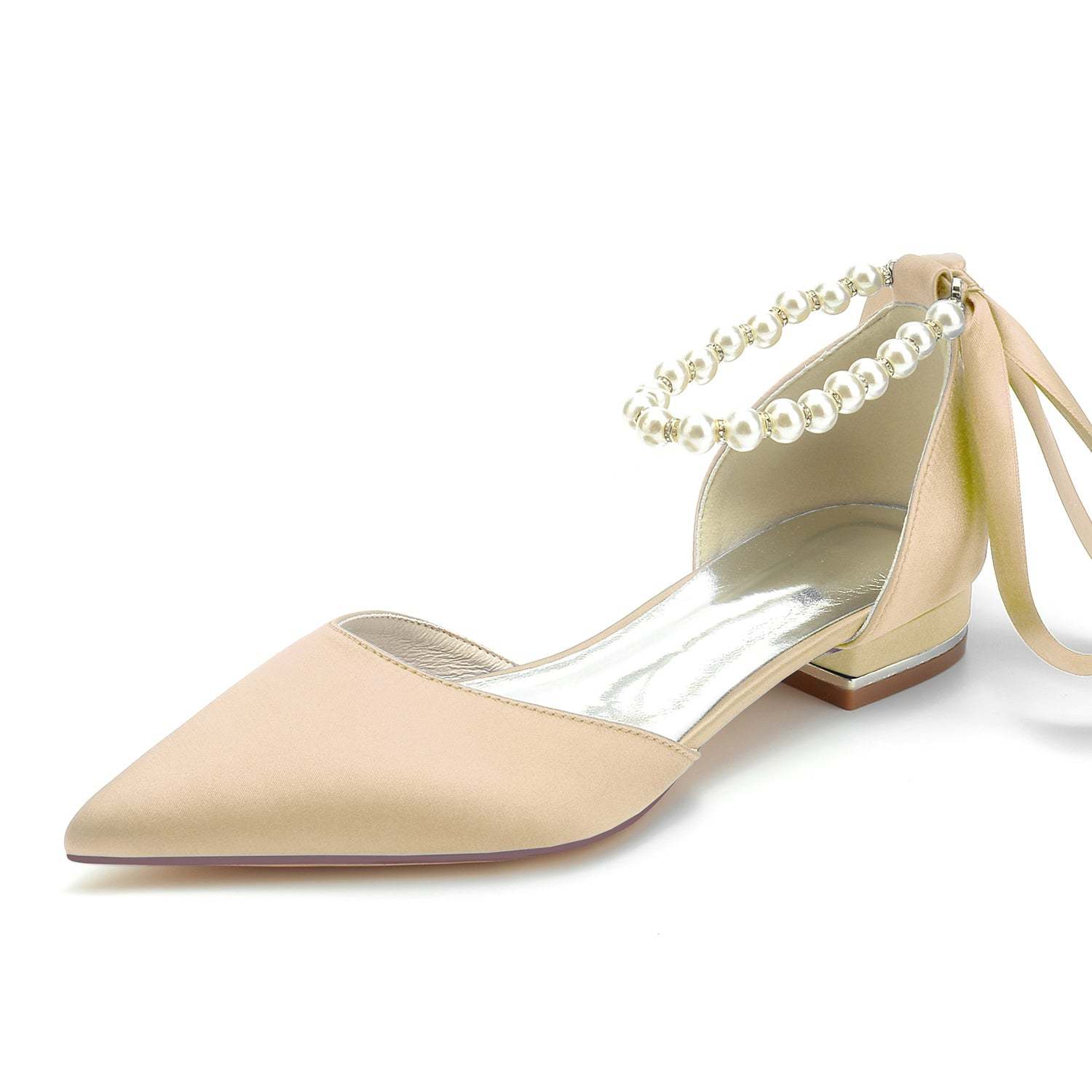 Bridal Shoes for Women with Silk Satin Bow Closed Toe and Low Pearl Heel
