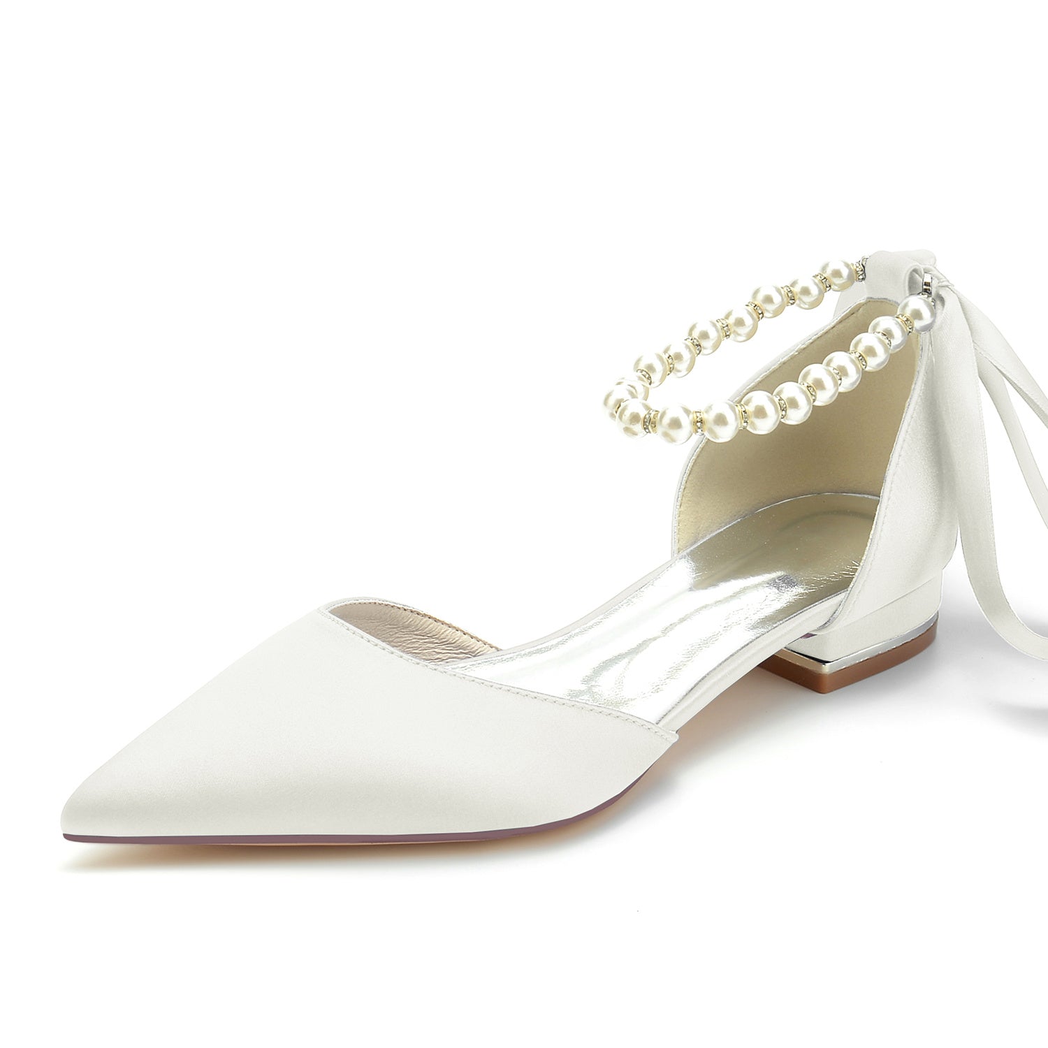 Bridal Shoes for Women with Silk Satin Bow Closed Toe and Low Pearl Heel