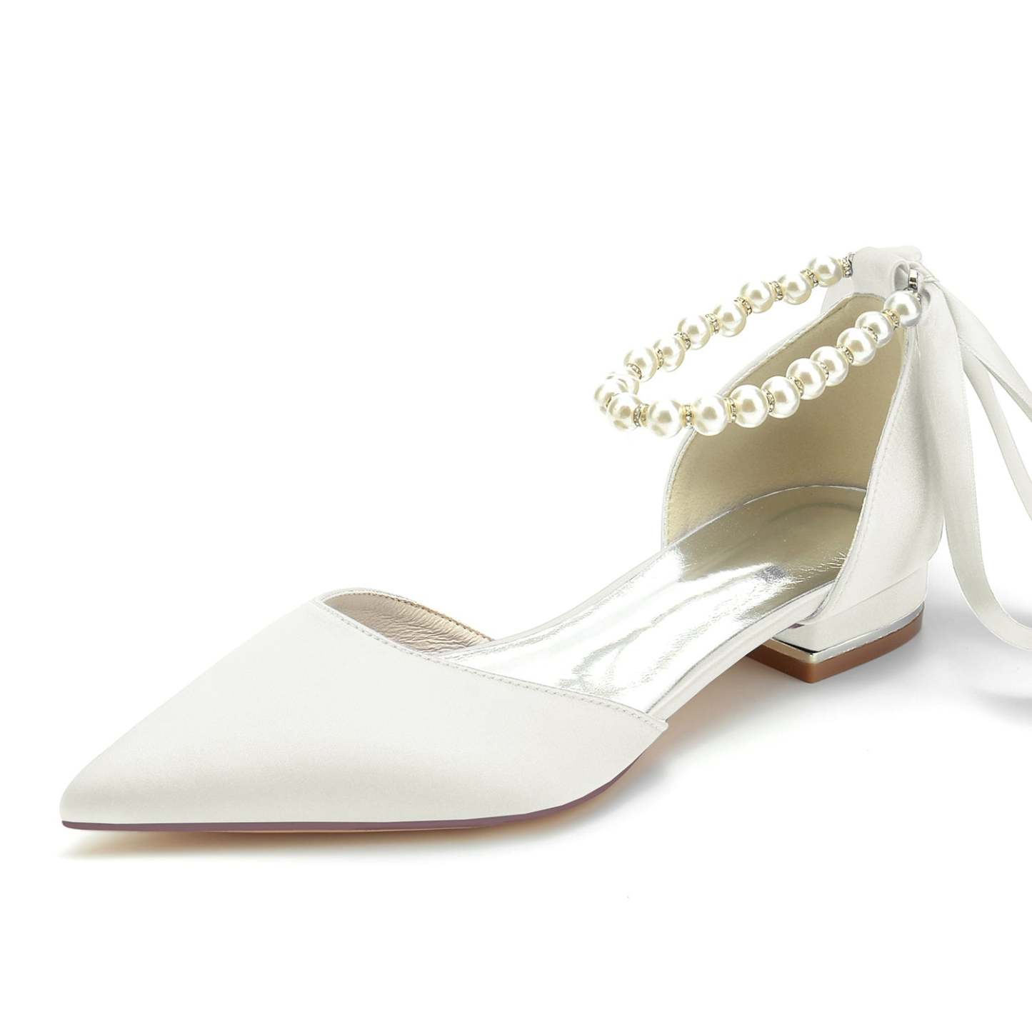 Bridal Shoes for Women with Silk Satin Bow Closed Toe and Low Pearl Heel