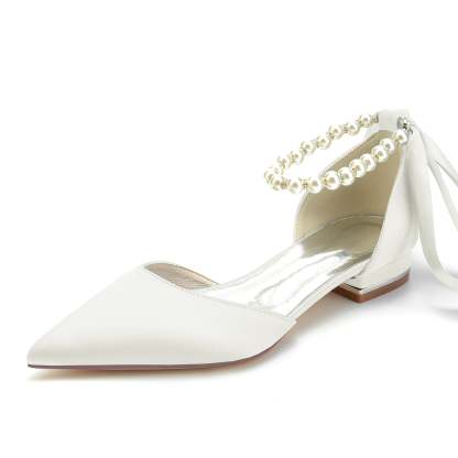 Bridal Shoes for Women with Silk Satin Bow Closed Toe and Low Pearl Heel