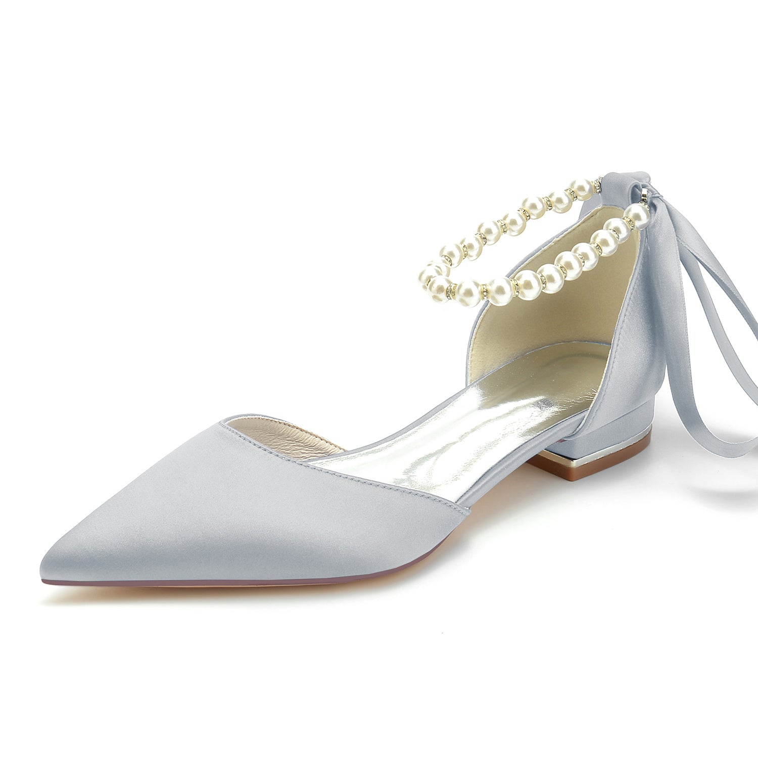 Bridal Shoes for Women with Silk Satin Bow Closed Toe and Low Pearl Heel