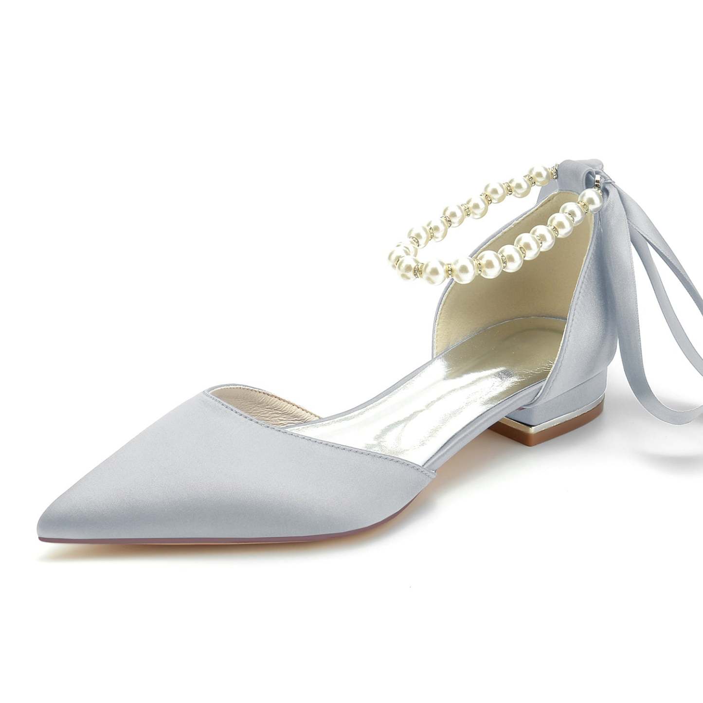 Bridal Shoes for Women with Silk Satin Bow Closed Toe and Low Pearl Heel