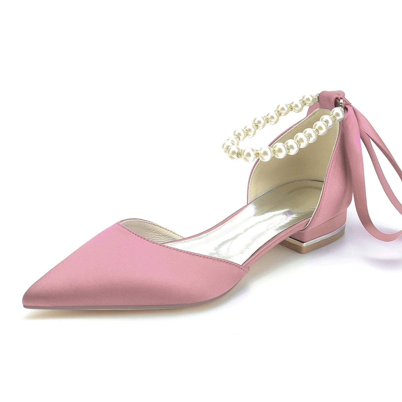 Bridal Shoes for Women with Silk Satin Bow Closed Toe and Low Pearl Heel