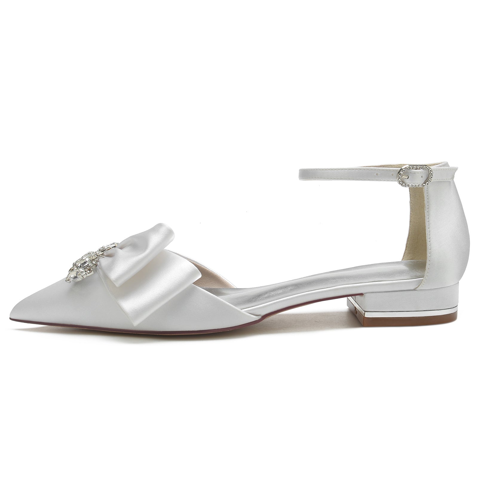 White Rhinestone Bridal Shoes with Silk Satin Bow and Pointed Toe for Women