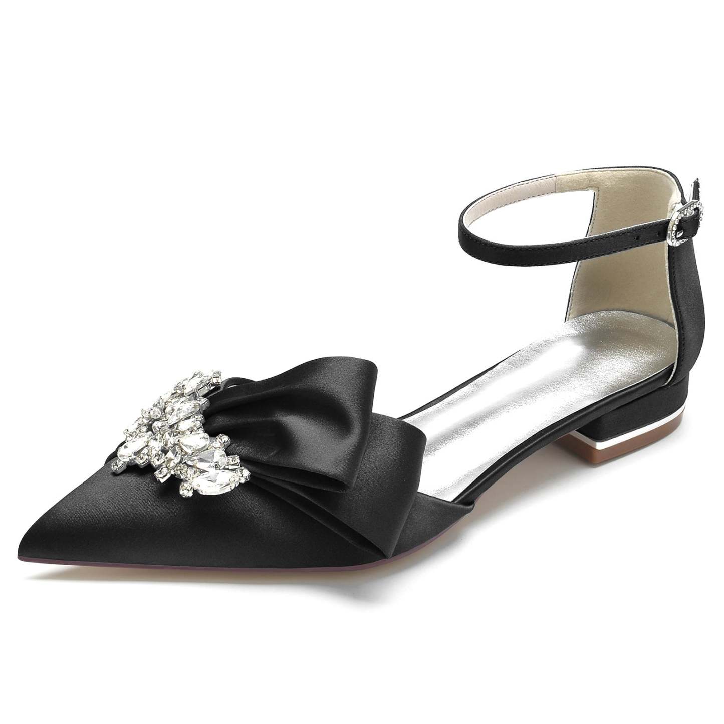 White Rhinestone Bridal Shoes with Silk Satin Bow and Pointed Toe for Women