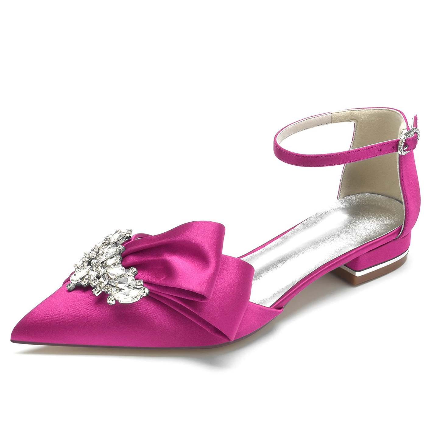 White Rhinestone Bridal Shoes with Silk Satin Bow and Pointed Toe for Women