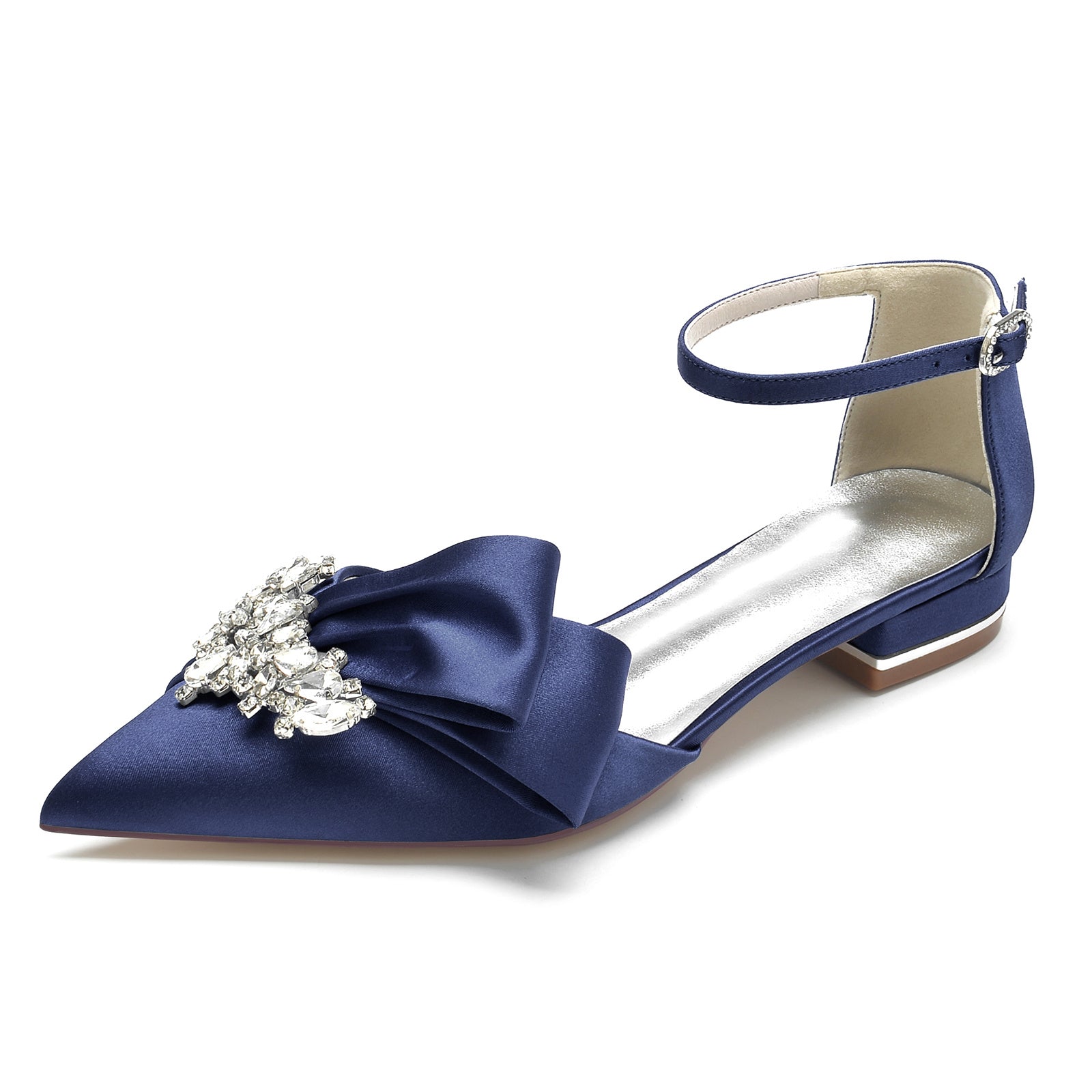 White Rhinestone Bridal Shoes with Silk Satin Bow and Pointed Toe for Women