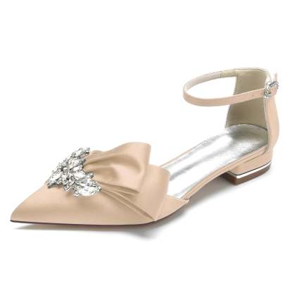 White Rhinestone Bridal Shoes with Silk Satin Bow and Pointed Toe for Women