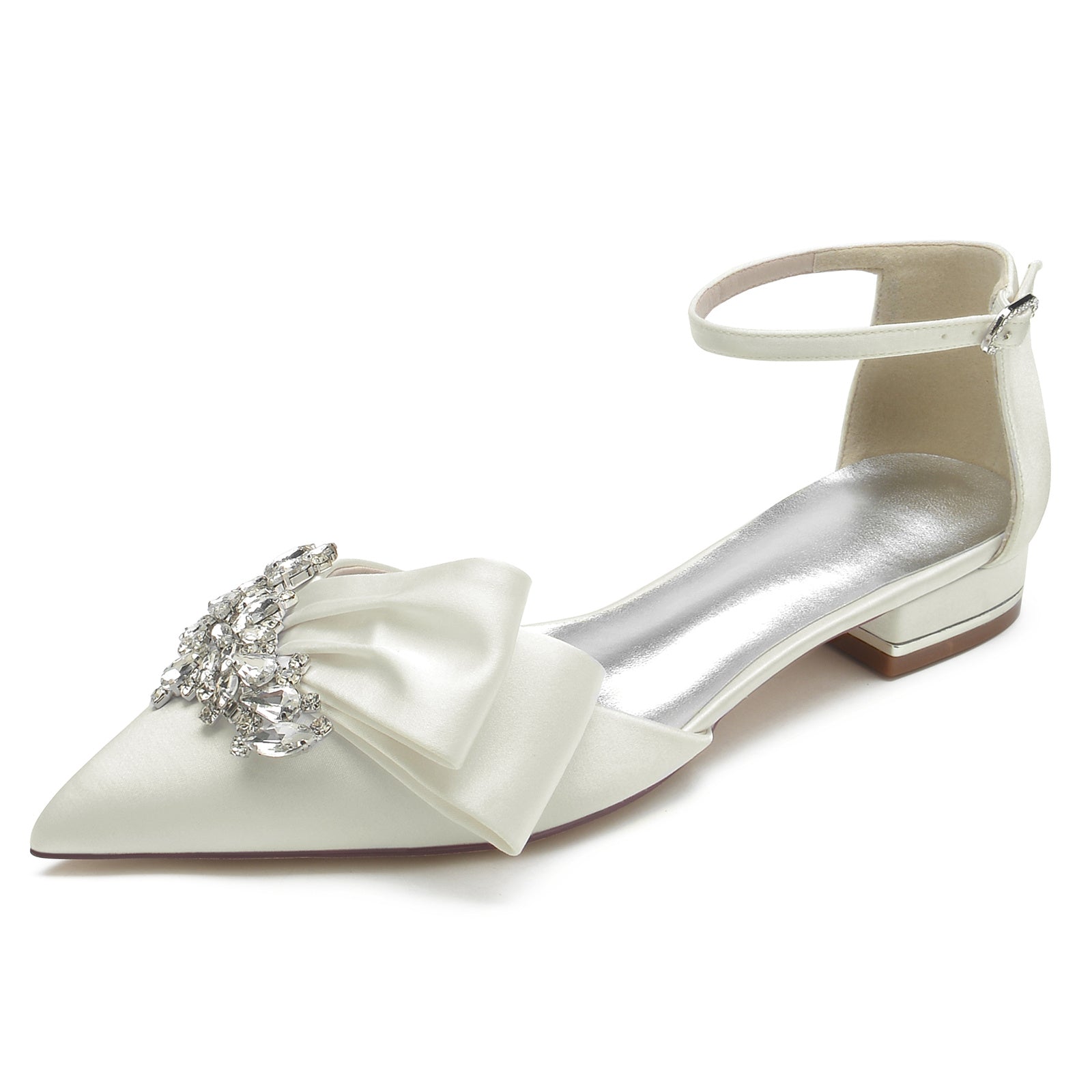 White Rhinestone Bridal Shoes with Silk Satin Bow and Pointed Toe for Women