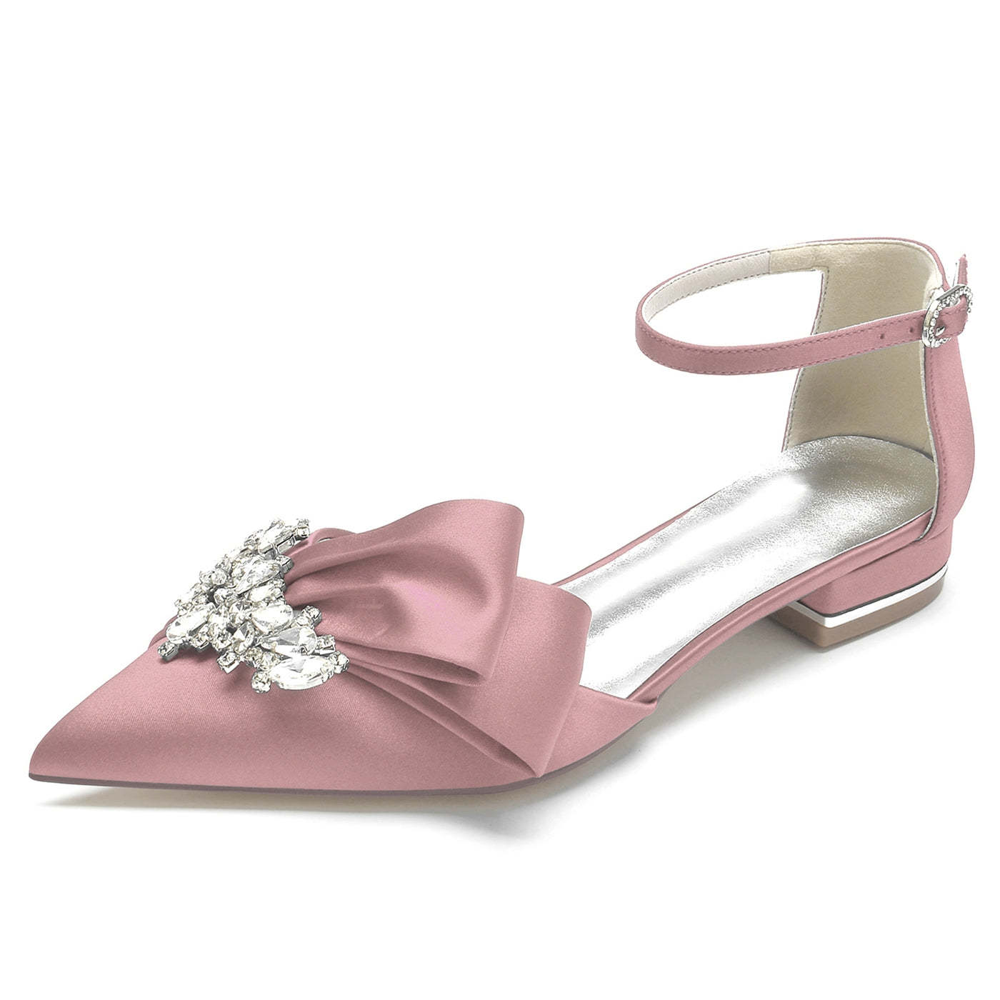 White Rhinestone Bridal Shoes with Silk Satin Bow and Pointed Toe for Women