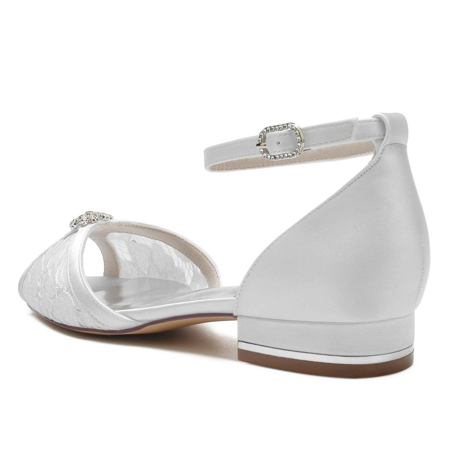 Bridal Shoes for Women with Silk Satin Lace and Rhinestone Low Peep Toe Buckle