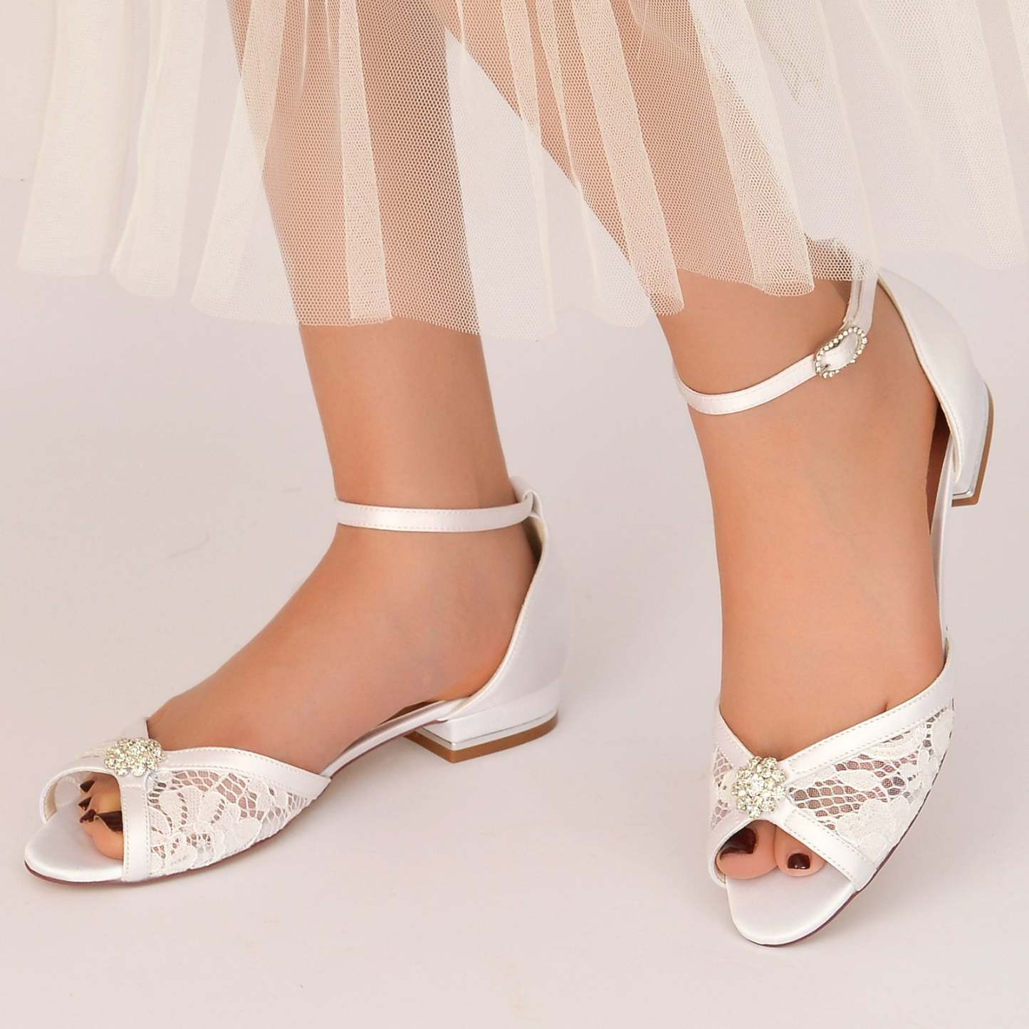 Bridal Shoes for Women with Silk Satin Lace and Rhinestone Low Peep Toe Buckle