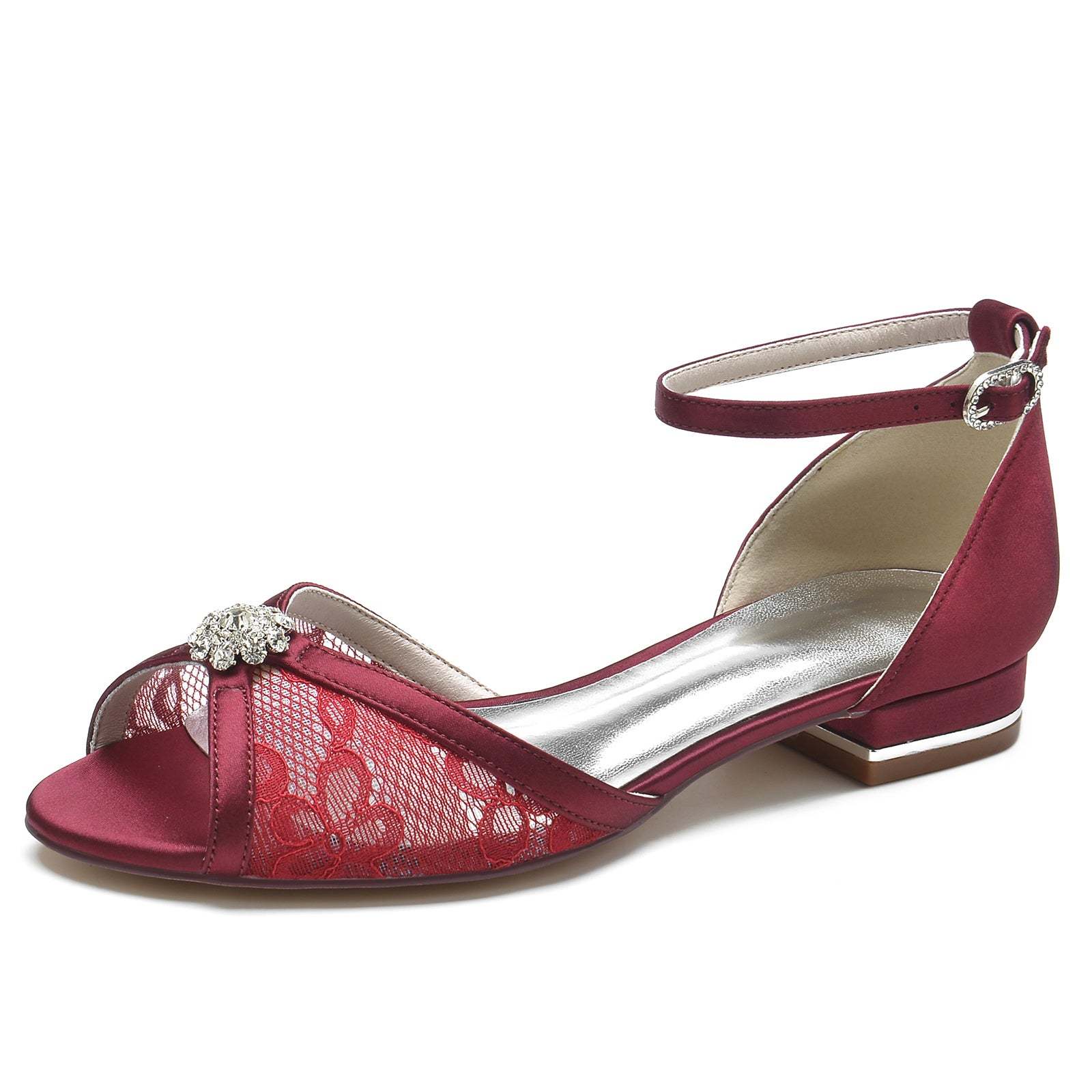 Bridal Shoes for Women with Silk Satin Lace and Rhinestone Low Peep Toe Buckle