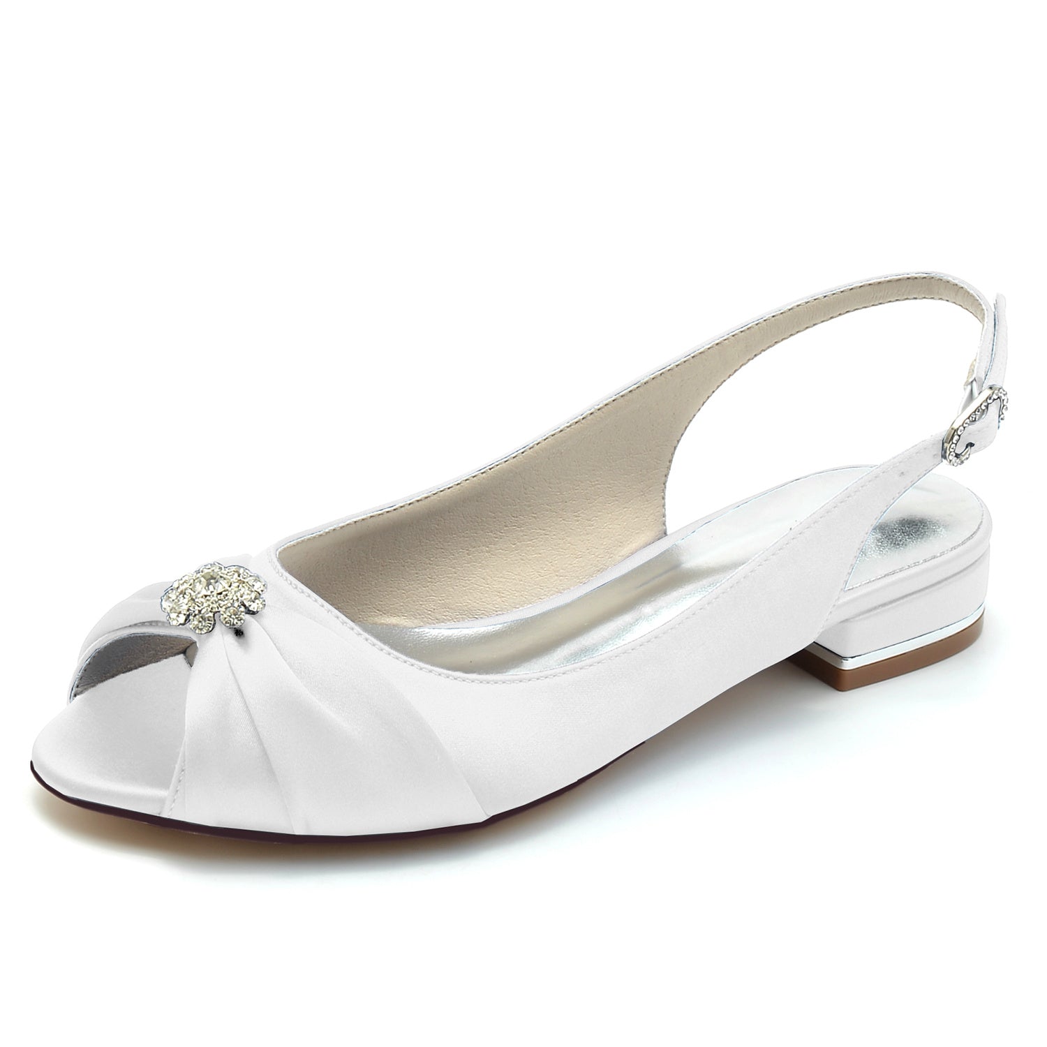 Bridal Shoes for Women with Crystal Flower and Buckle in Silk Satin Low Peep Toe