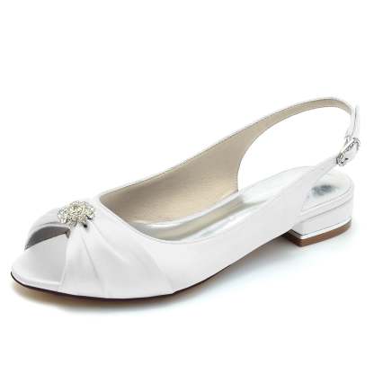 Bridal Shoes for Women with Crystal Flower and Buckle in Silk Satin Low Peep Toe