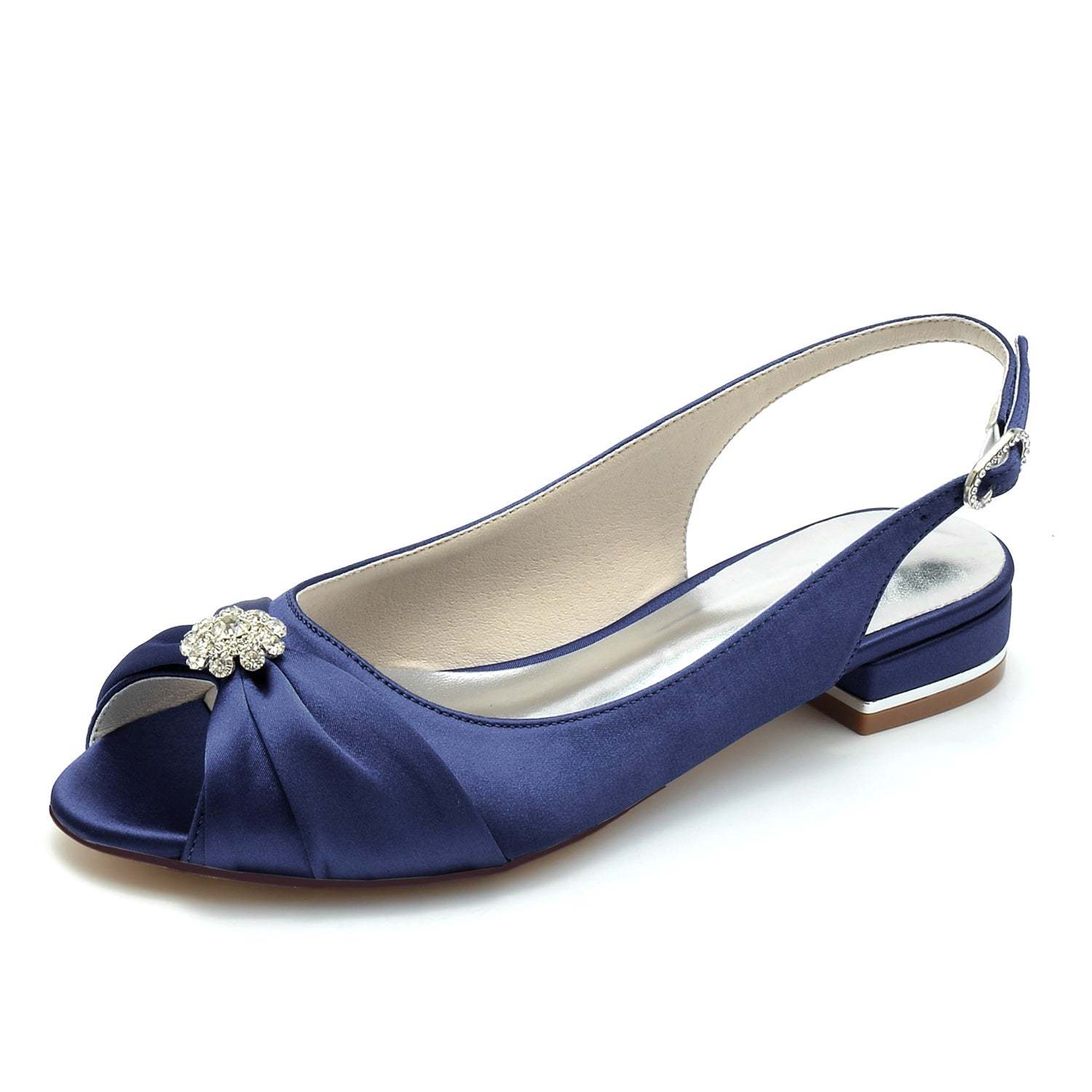 Bridal Shoes for Women with Crystal Flower and Buckle in Silk Satin Low Peep Toe