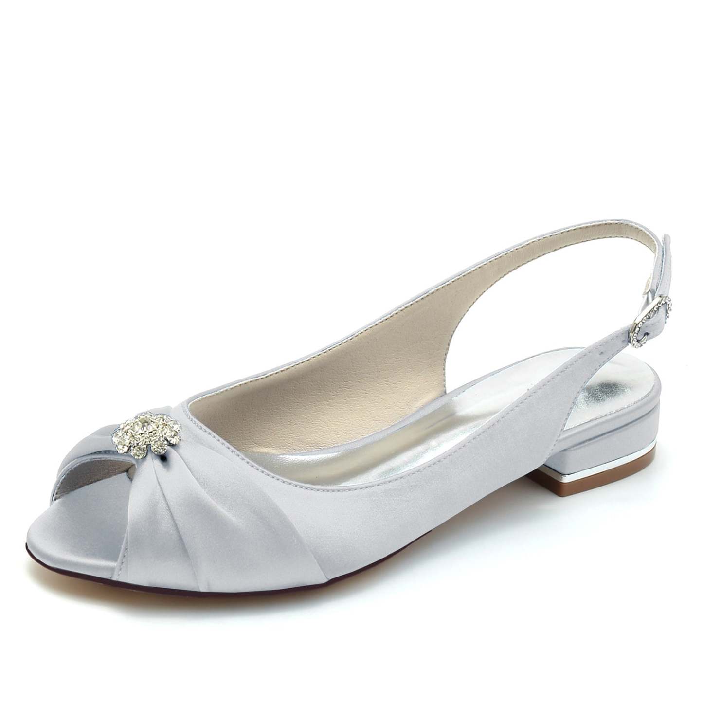 Bridal Shoes for Women with Crystal Flower and Buckle in Silk Satin Low Peep Toe
