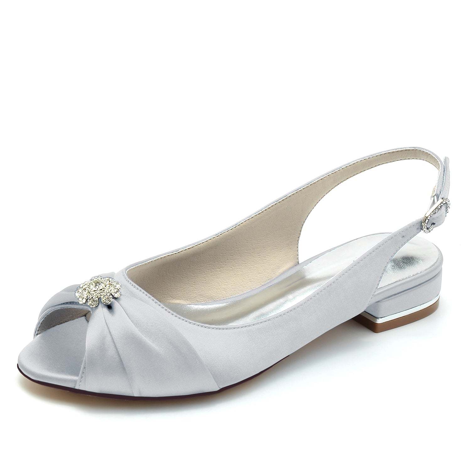 Bridal Shoes for Women with Crystal Flower and Buckle in Silk Satin Low Peep Toe