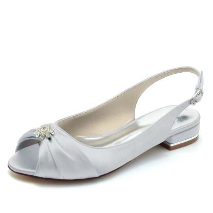 Bridal Shoes for Women with Crystal Flower and Buckle in Silk Satin Low Peep Toe