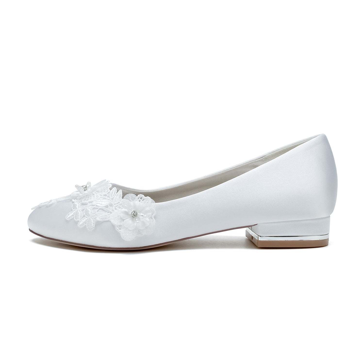 Bridal Shoes for Women with Applique Flower and Low Heel Closed Toe