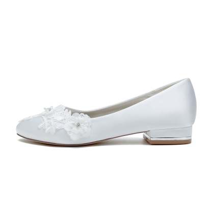 Bridal Shoes for Women with Applique Flower and Low Heel Closed Toe