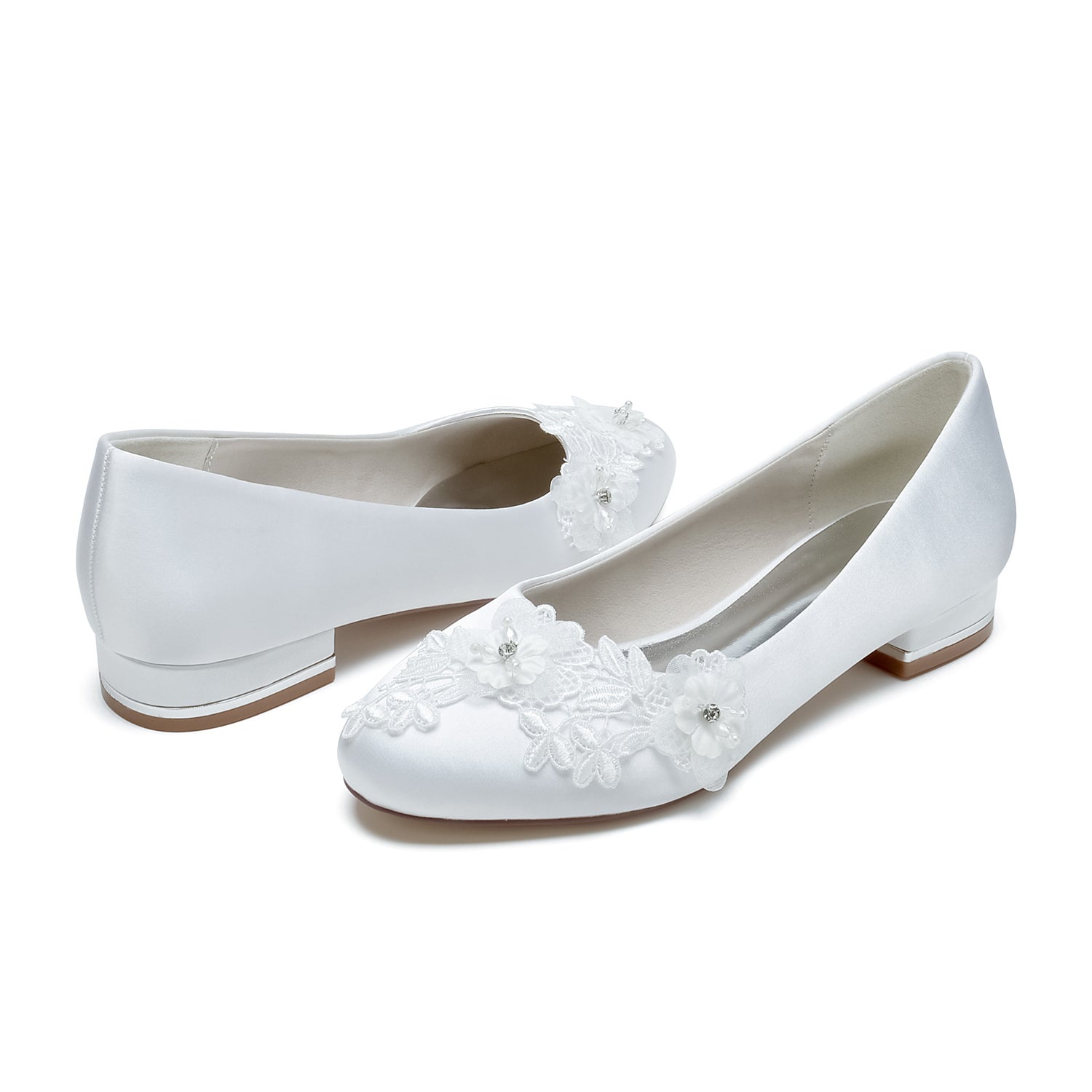 Bridal Shoes for Women with Applique Flower and Low Heel Closed Toe