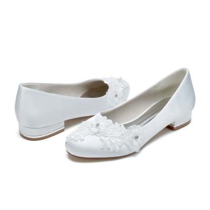 Bridal Shoes for Women with Applique Flower and Low Heel Closed Toe