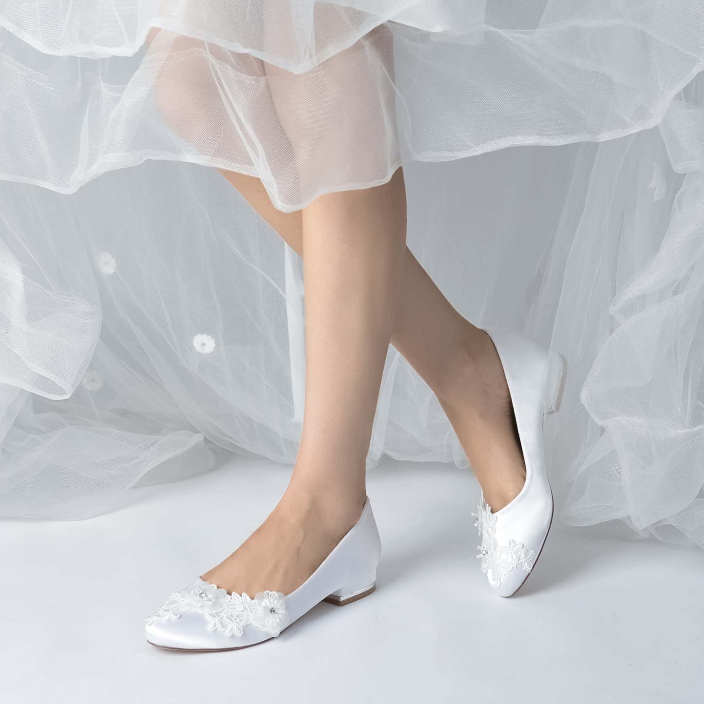 Bridal Shoes for Women with Applique Flower and Low Heel Closed Toe