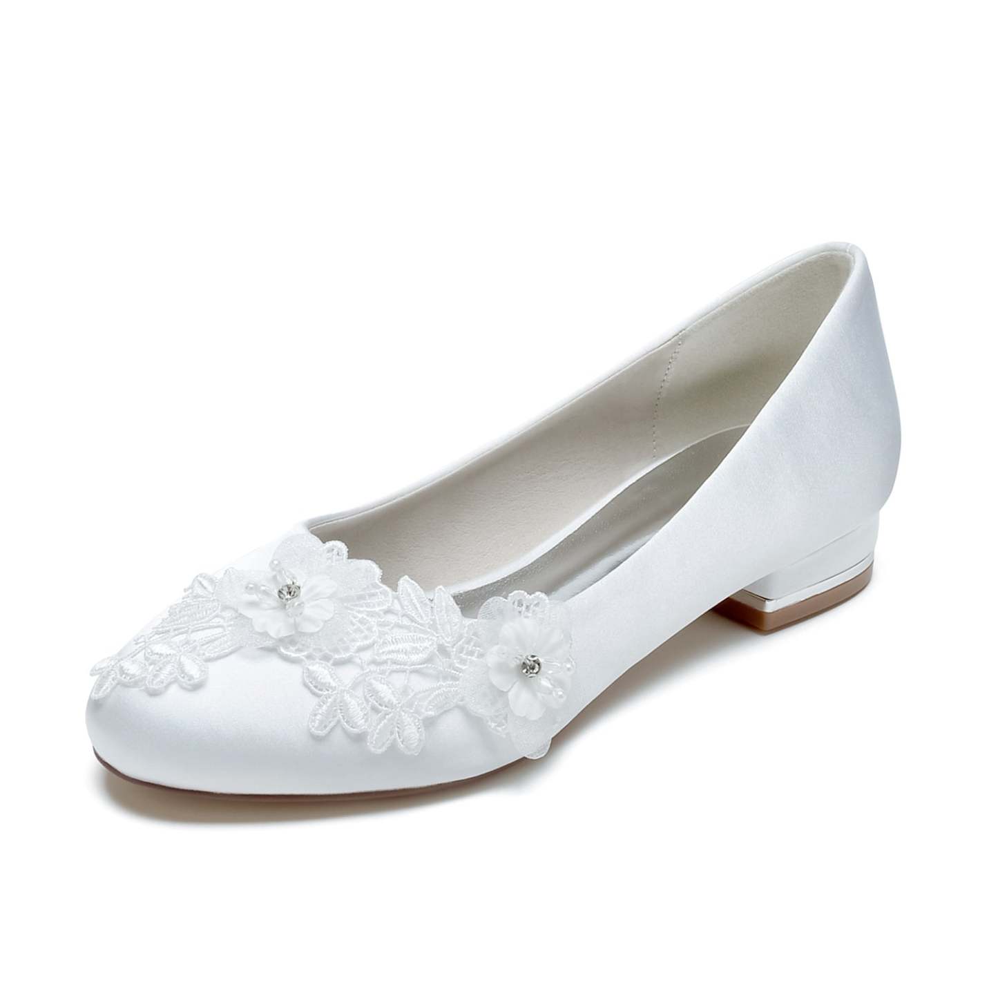 Bridal Shoes for Women with Applique Flower and Low Heel Closed Toe