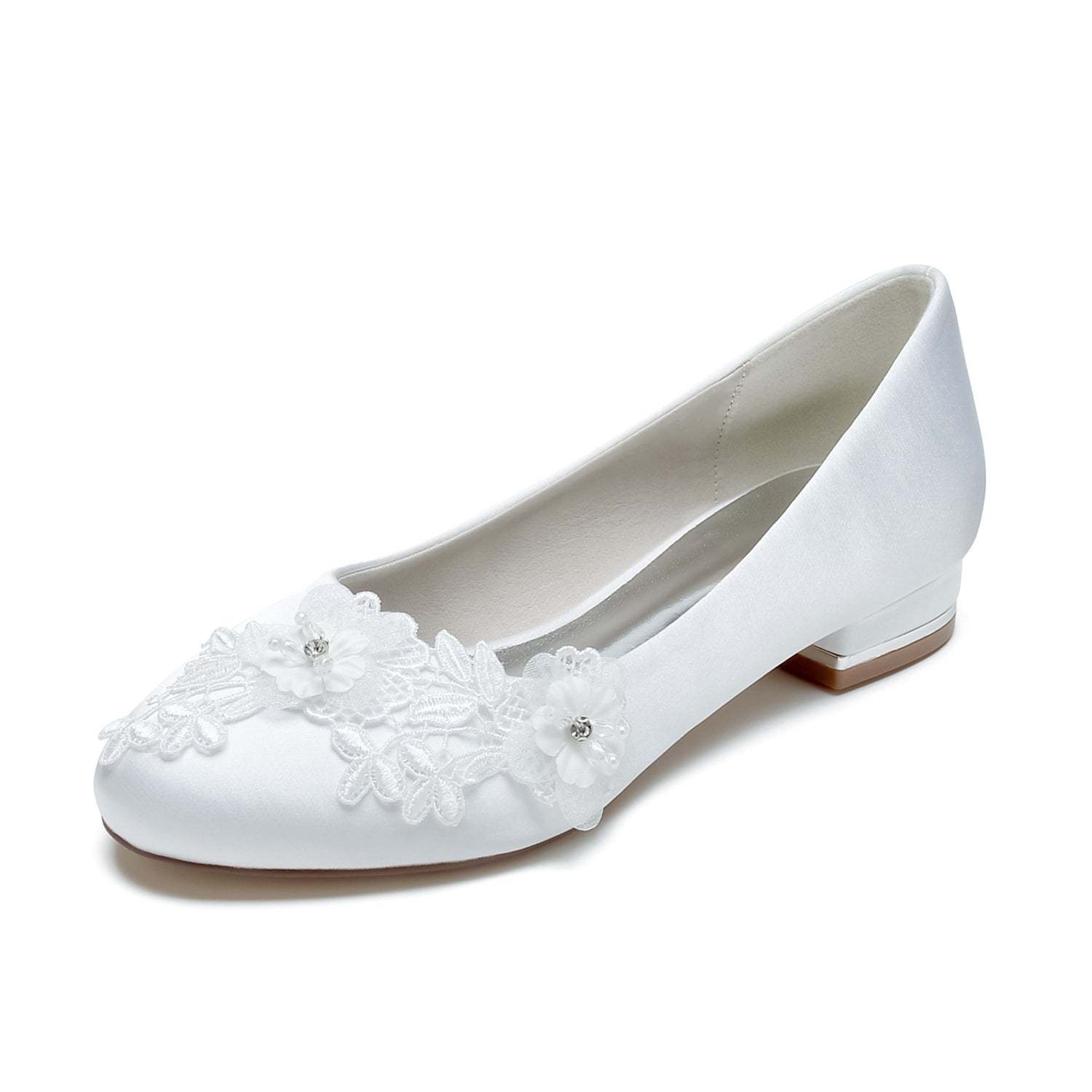 Bridal Shoes for Women with Applique Flower and Low Heel Closed Toe