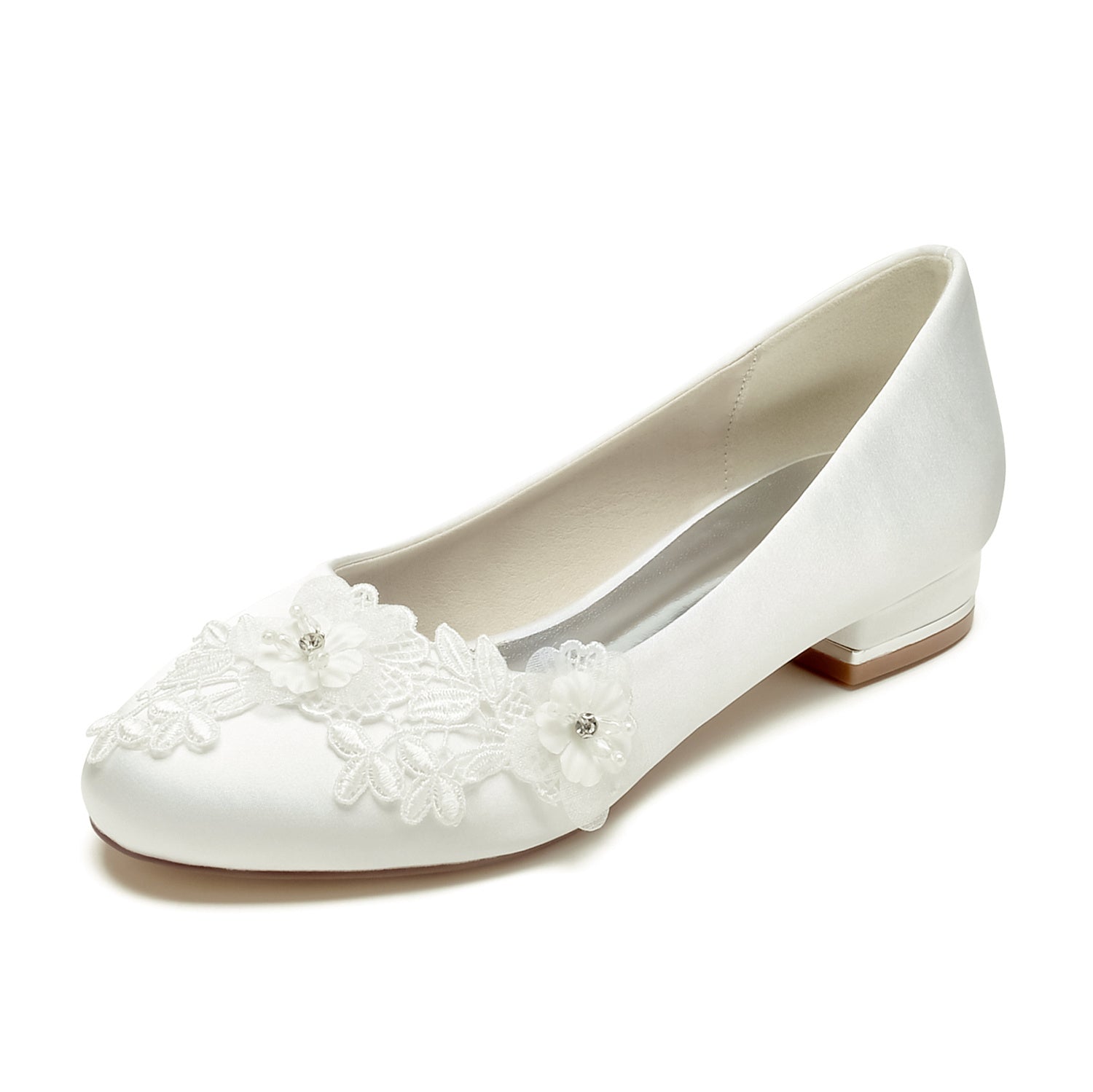 Bridal Shoes for Women with Applique Flower and Low Heel Closed Toe