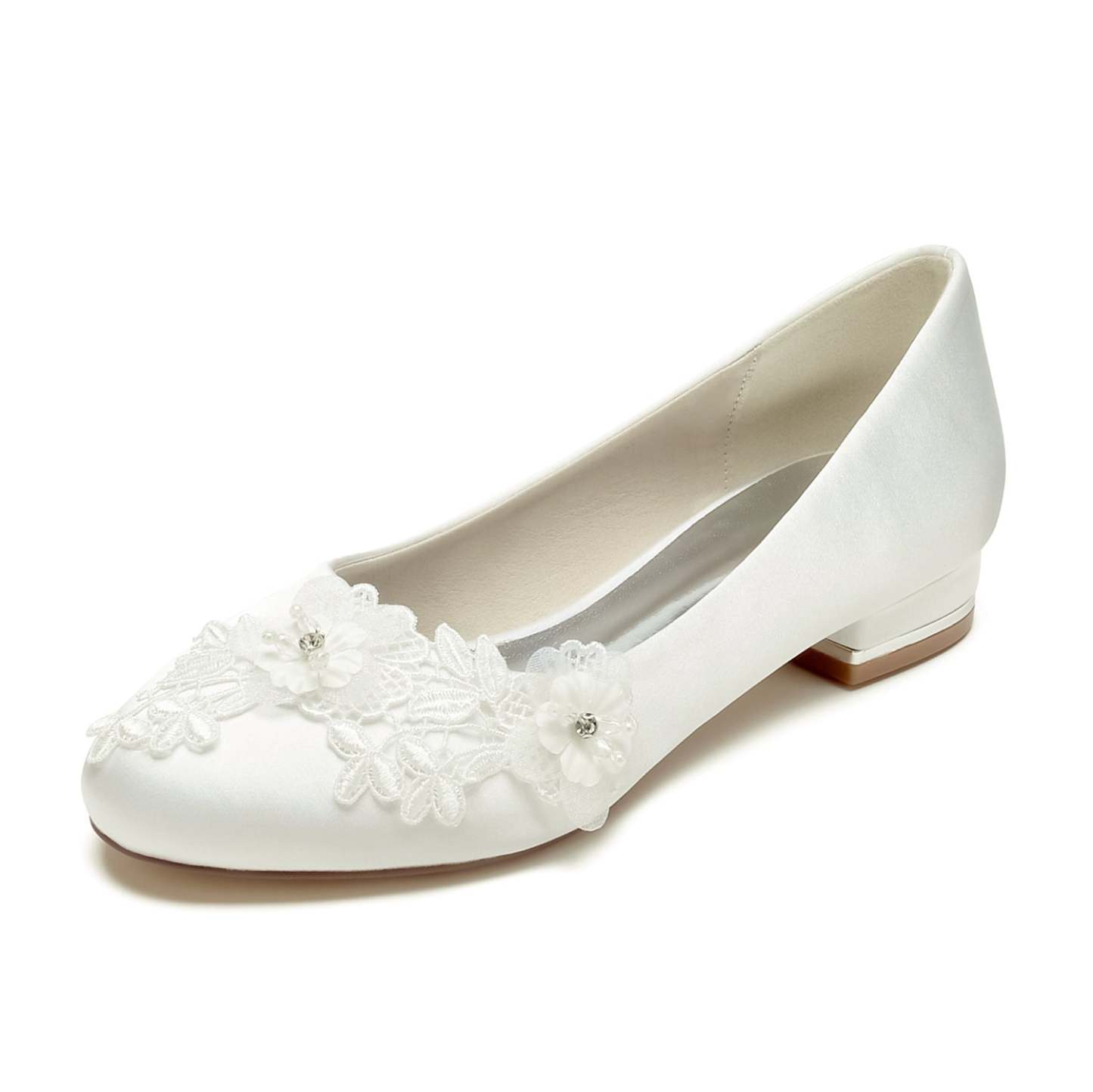 Bridal Shoes for Women with Applique Flower and Low Heel Closed Toe