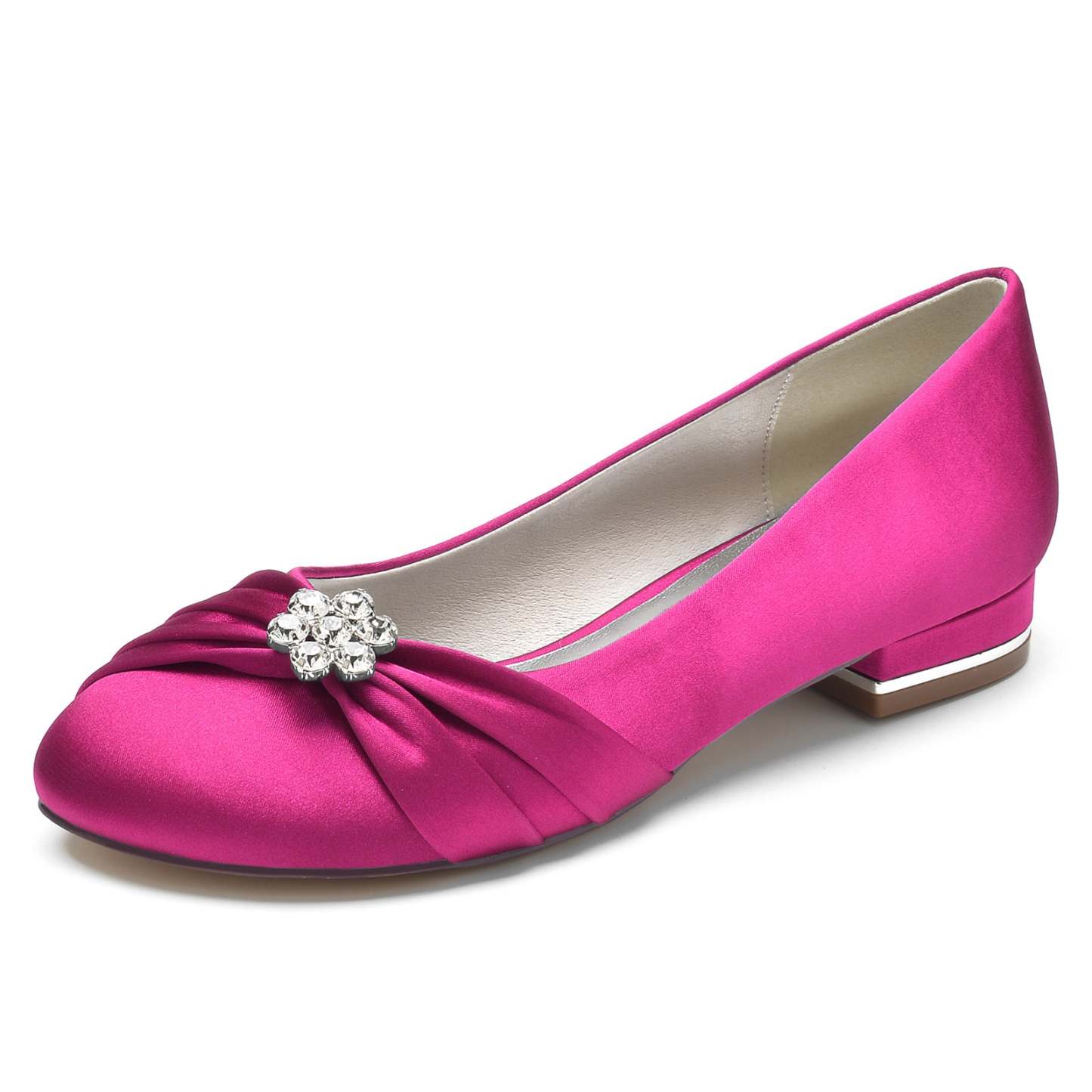Bridal Shoes for Women with Rhinestone Flowers in Silk Satin Low Closed Round Toe